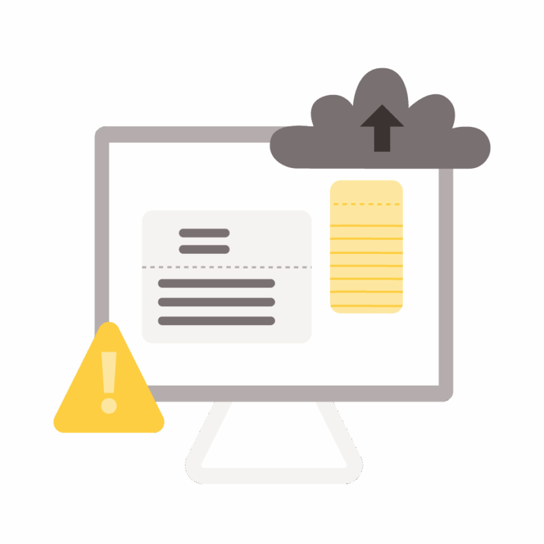 A flat illustration of desktop computer with an open email and notepad app along with a yellow caution symbol and a gray digital cloud symbol.