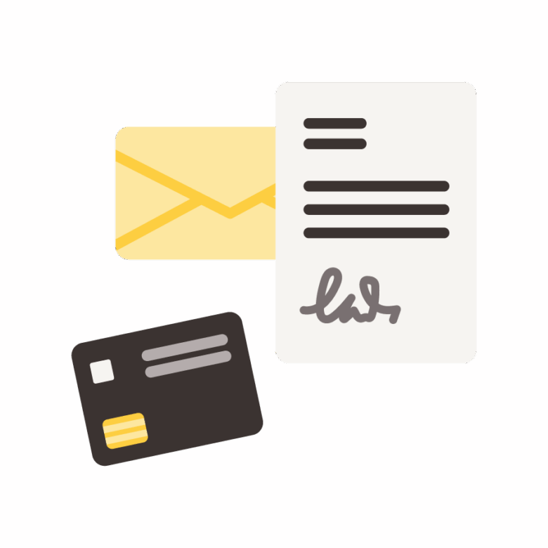 A flat illustration of an open letter and envelope along with a credit card.