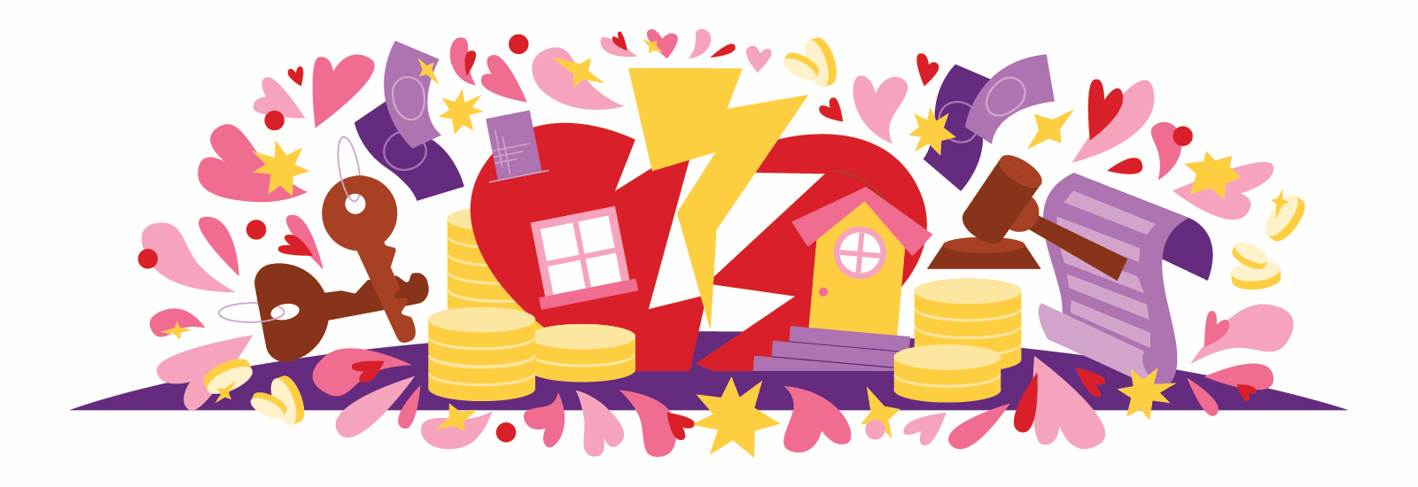 Colorful illustration of a heart shaped house broken in half by a lightning bolt. Surrounded by dollar bills, coins, and hearts.