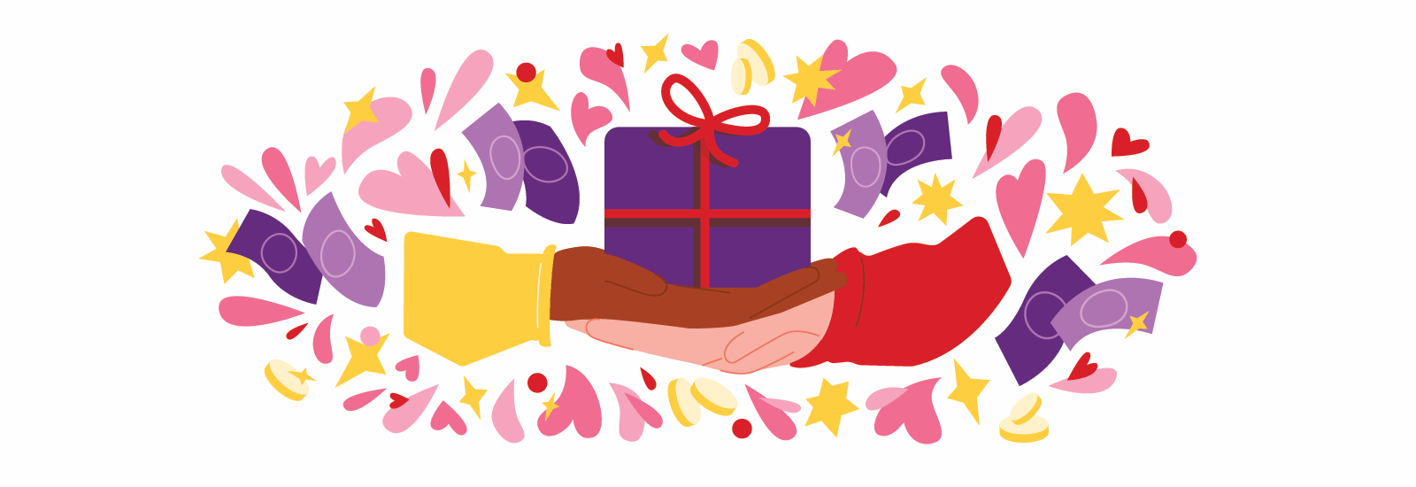 Colorful illustration of two hand holding a house wrapped as a present. Surrounded by hearts, coins, and dollar bills.