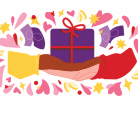 Colorful illustration of two hand holding a house wrapped as a present. Surrounded by hearts, coins, and dollar bills.