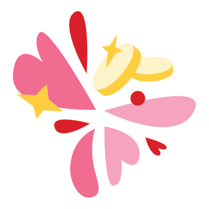 Colorful illustrations of coins and hearts.