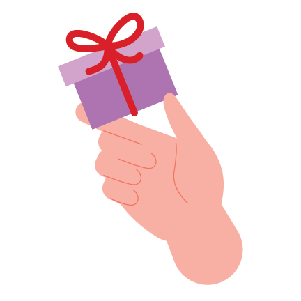 Colorful illustrations of a hand holding a wrapped gift.