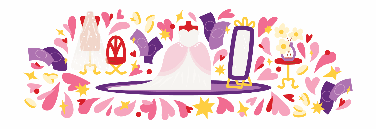 Colorful illustration of a wedding dress on a dress form in front of a mirror. Coins, hearts, and dollar bills float around it in the air.