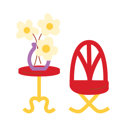 Colorful illustration of a small table holding a daisy flower vase with and a delicate chair next to it.