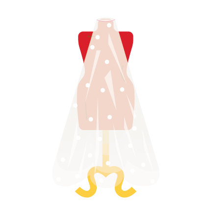 Colorful illustration of a dress form with a bridal veil hanging on it.