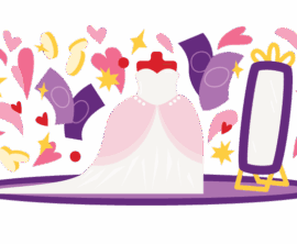 Colorful illustration of a wedding dress on a dress form in front of a mirror. Coins, hearts, and dollar bills float around it in the air.