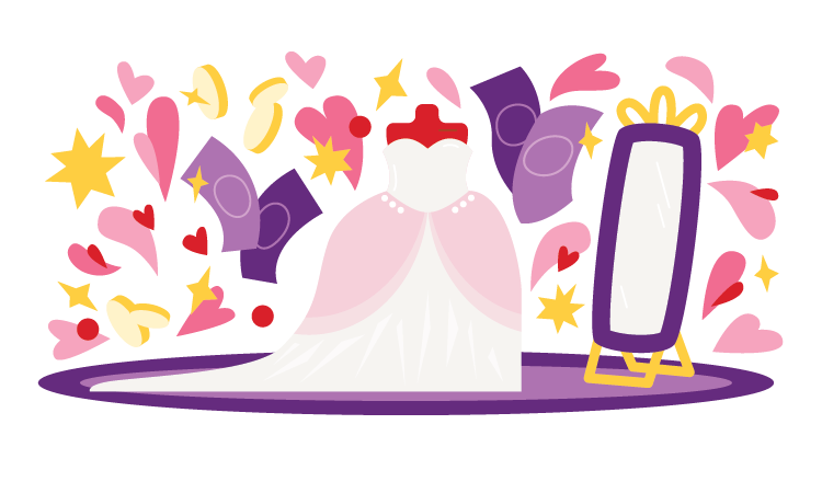 Colorful illustration of a wedding dress on a dress form in front of a mirror. Coins, hearts, and dollar bills float around it in the air.