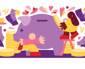 A colorful illustration of a large piggy bank and two people putting coins into it. Surrounded by floating hearts, coins, and dollar bills.