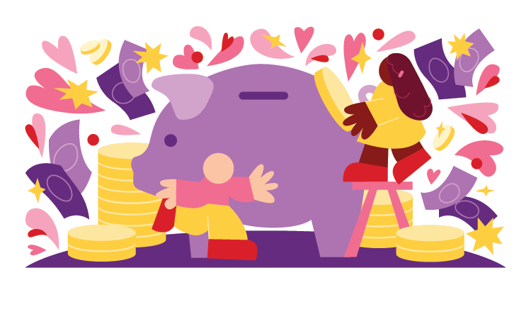 A colorful illustration of a large piggy bank and two people putting coins into it. Surrounded by floating hearts, coins, and dollar bills.