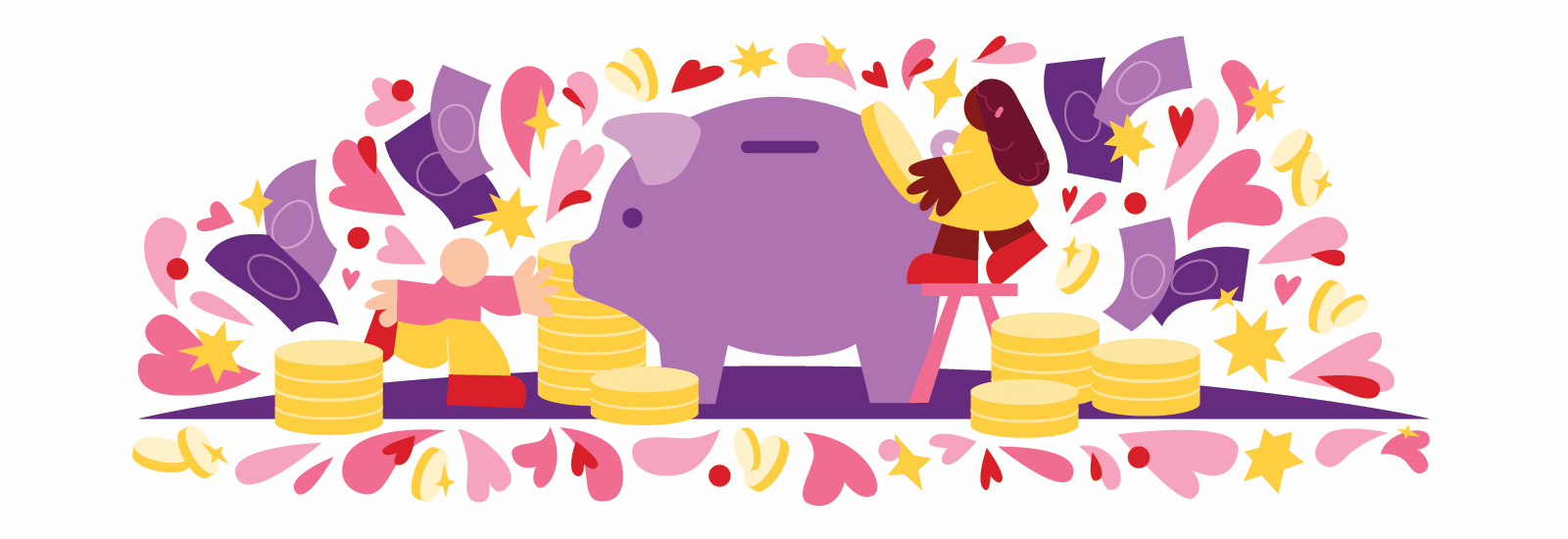 A colorful illustration of a large piggy bank and two people putting coins into it. Surrounded by floating hearts, coins, and dollar bills.