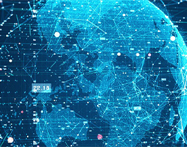 A blue picture of the earth with lines and dots connecting various points.