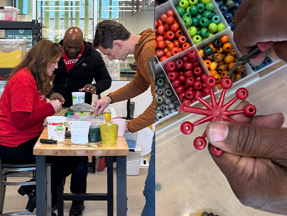 People around a table making projects from recycled objects.