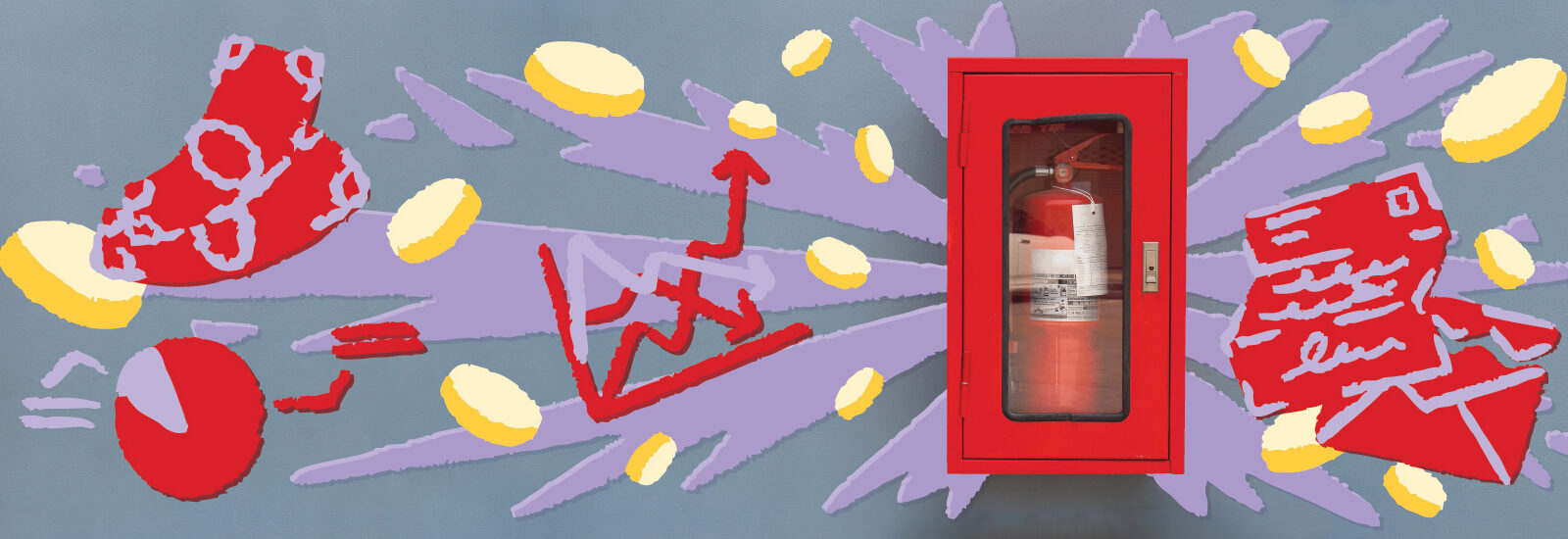 Bright red, purple, and yellow illustrations of dollar bills, and an open envelope and letter surrounding the photo of an emergency fire extinguisher.