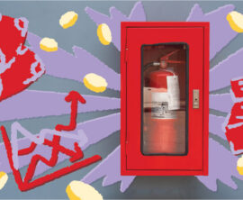 Bright red, purple, and yellow illustrations of dollar bills, and an open envelope and letter surrounding the photo of an emergency fire extinguisher.