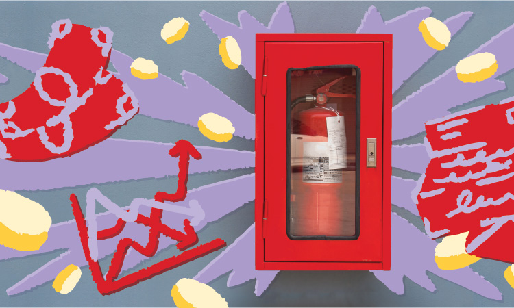 Bright red, purple, and yellow illustrations of dollar bills, and an open envelope and letter surrounding the photo of an emergency fire extinguisher.