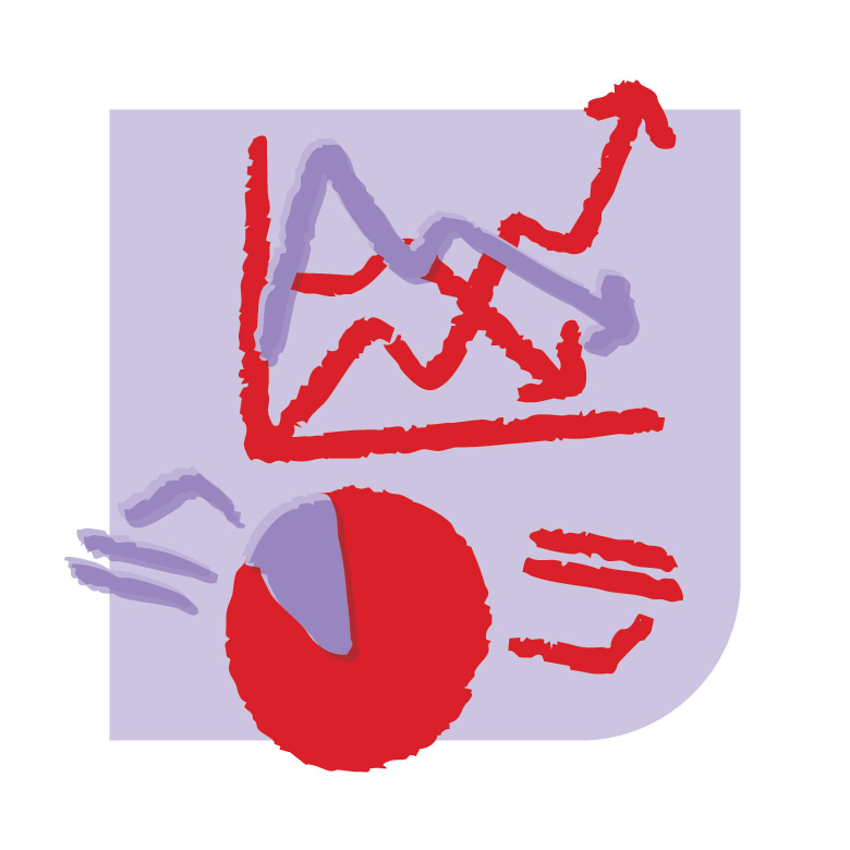 Red and purple illustration of financial charts on a purple background.