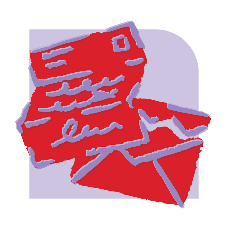 Red and purple illustration of an open envelope and letter on a purple background.