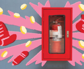 Bright red, pink, and yellow illustrations of a money bag, credit card, pencil, and note, and coins surrounding the photo of an emergency fire extinguisher.