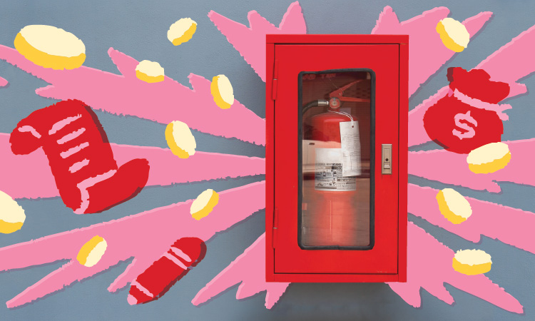 Bright red, pink, and yellow illustrations of a money bag, credit card, pencil, and note, and coins surrounding the photo of an emergency fire extinguisher.