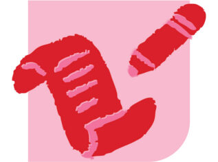 Red and pink illustration of a note and pencil on a pink background.