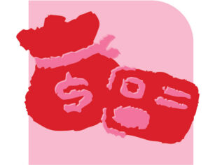 Red and pink illustration of a money bag and credit card on a pink background.