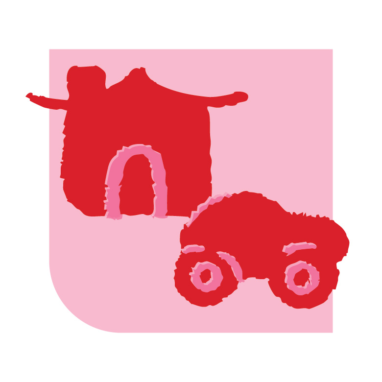 Red and pink illustration of a car and home on a pink background.