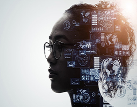 A side profile of a woman wearing glasses with various gears overlayed over the side of her face.