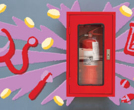 Bright red, purple, and yellow illustrations of coins and a clipboard, pill medicine, bandages, and a reflex hammer, surrounding the photo of an emergency fire extinguisher.