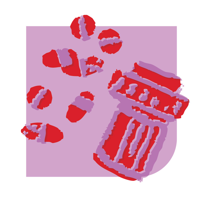 Red and purple illustration of medication pills and pill bottle on a purple background.