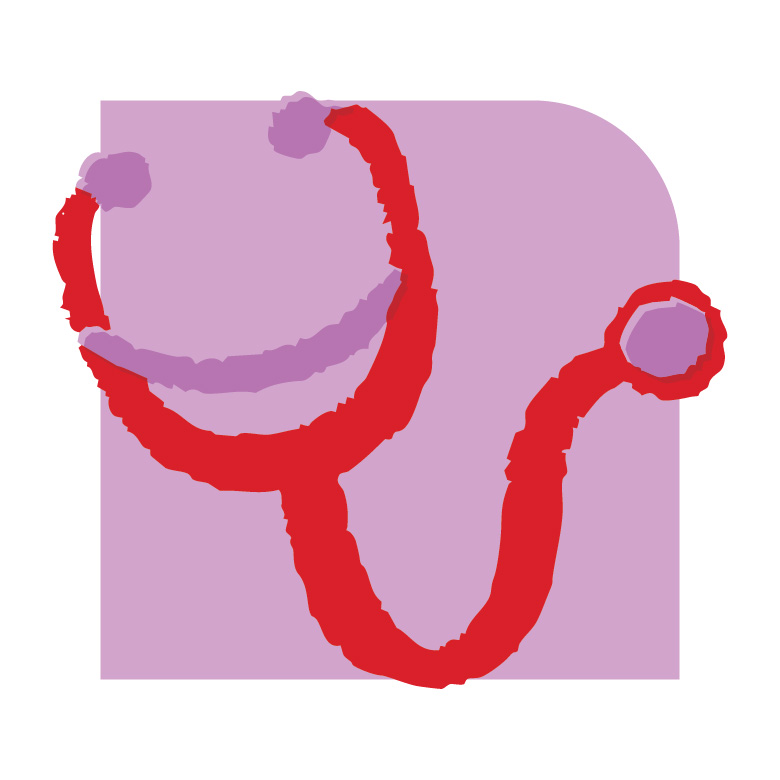 Red and purple illustration of a stethoscope on a purple background.