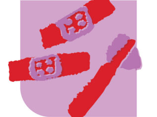 Red and purple illustration of bandages and a reflex hammer on a purple background.