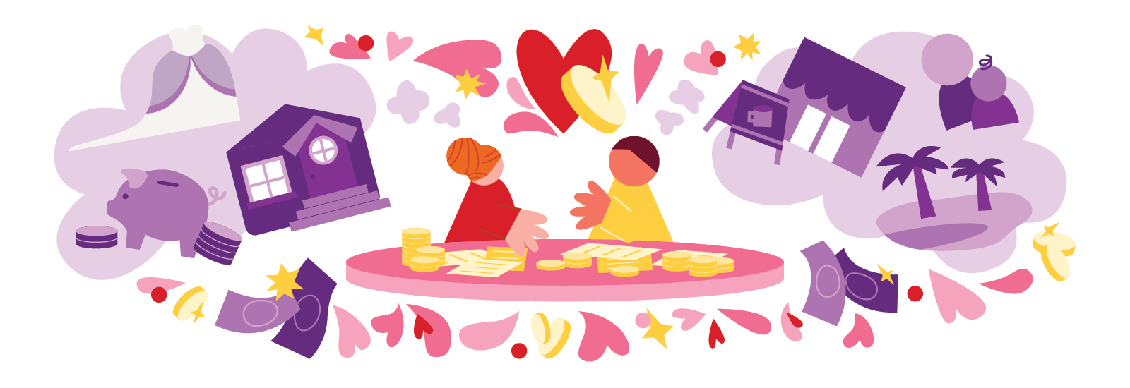 Colorful illustration of two people sitting at a table with papers and coins on it. They each have a thought bubble with different illustrated items in them such as an illustrated house, piggy bank, and children. Floating coins and hearts surround.