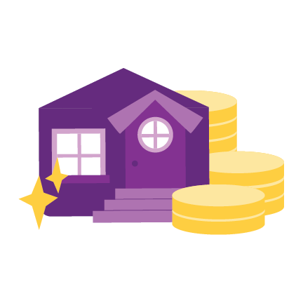 Simple colorful illustration of a house with large gold coins and sparkles next to it.