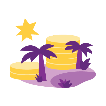 Simple colorful illustration of a tropical island with palm trees and large gold coins on it.