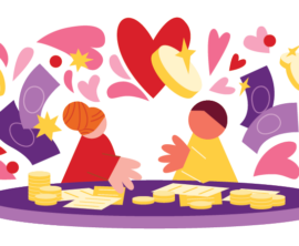 Colorful illustration of two people sitting at a table with papers and coins on it. They each have a thought bubble with different illustrated items in them such as an illustrated house, piggy bank, and children. Floating coins and hearts surround.
