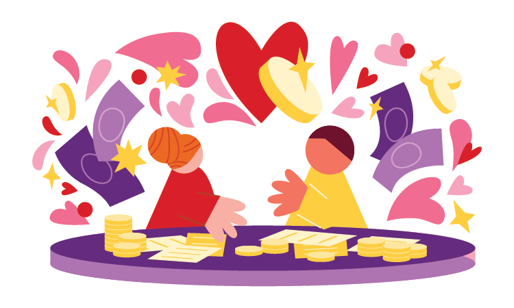 Colorful illustration of two people sitting at a table with papers and coins on it. They each have a thought bubble with different illustrated items in them such as an illustrated house, piggy bank, and children. Floating coins and hearts surround.