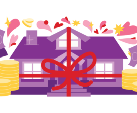 An illustrated house wrapped in a large red bow surrounded by gold coins and hearts.