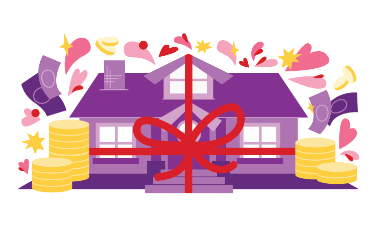 An illustrated house wrapped in a large red bow surrounded by gold coins and hearts.