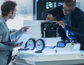 Two men in a lab examine equipment.