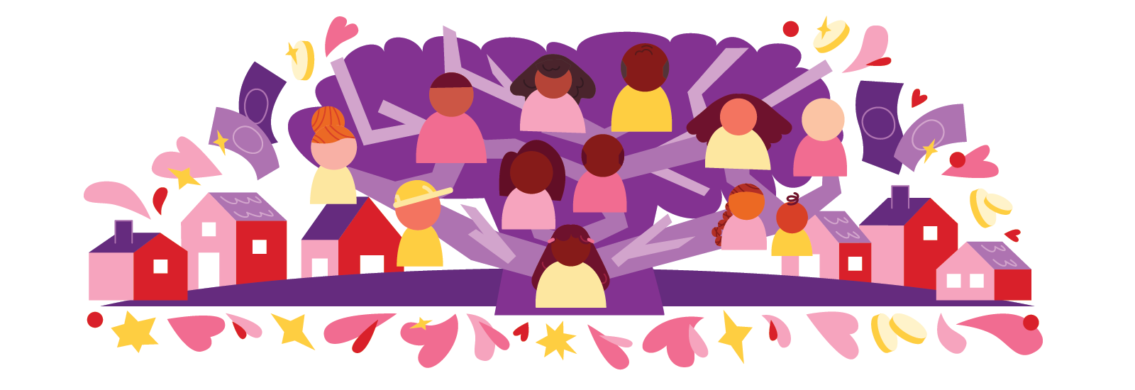 Bright and colorful illustration of a large family tree surrounded by houses, floating hearts, and coins.