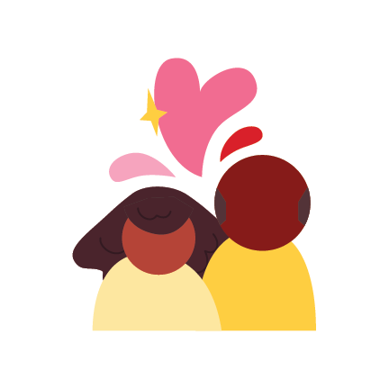 Bright and colorful illustration of two older people next to each other with a large pink heart in the middle.
