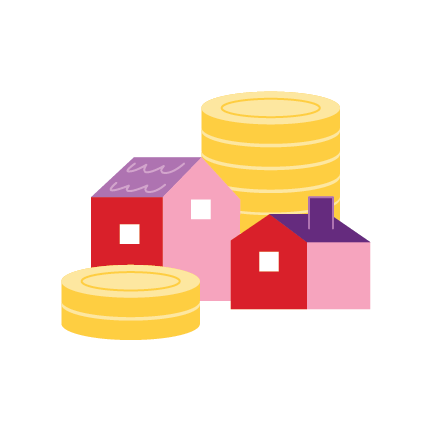 Bright and colorful illustration of two houses with large stacks of gold coins around them.