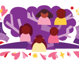 Bright and colorful illustration of a large family tree surrounded by houses, floating hearts, and coins.