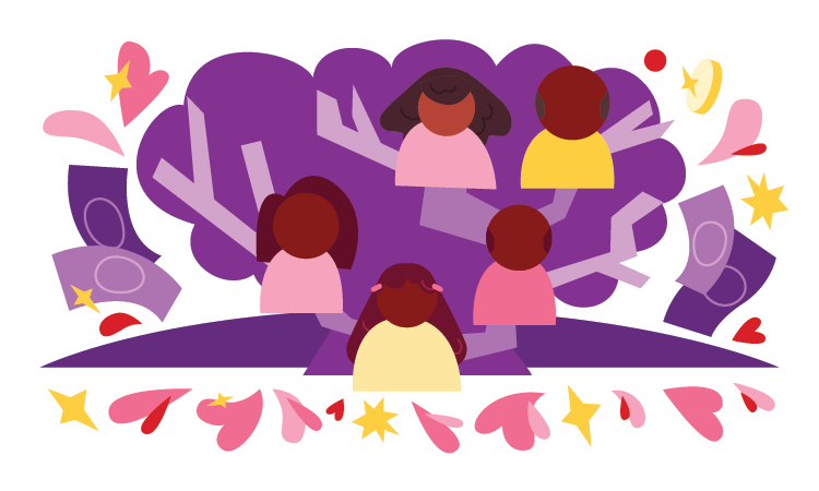Bright and colorful illustration of a large family tree surrounded by houses, floating hearts, and coins.