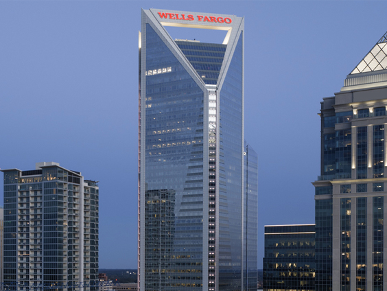 A nighttime view of the Wells Fargo building in Charlotte, North Carolina.