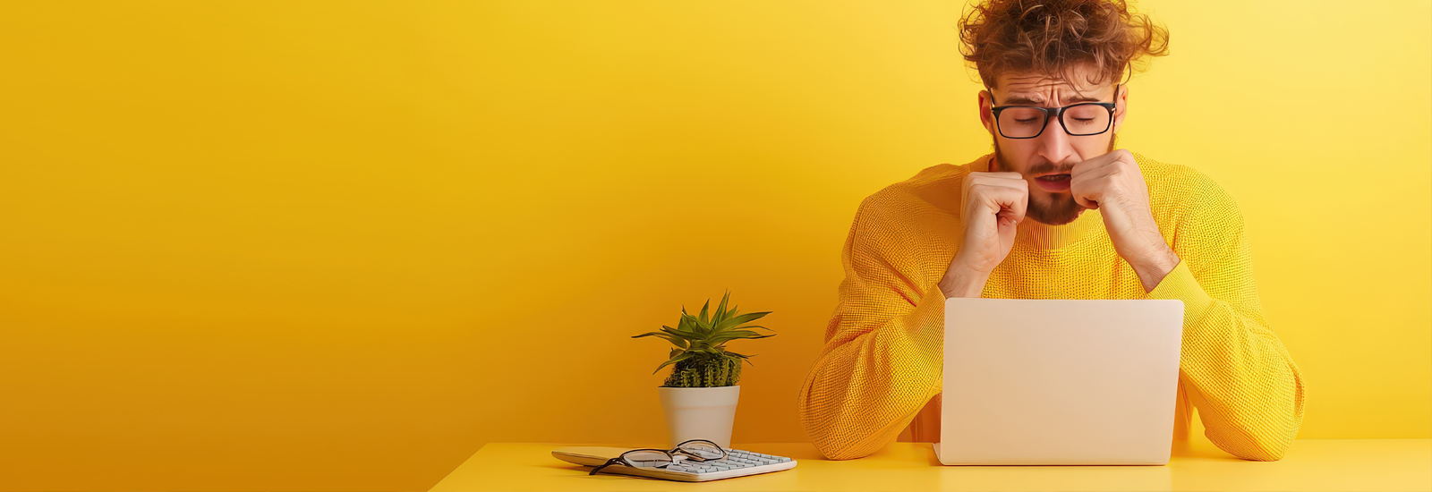 A man sitting at a desk appears to be stressed as he looks at his laptop.