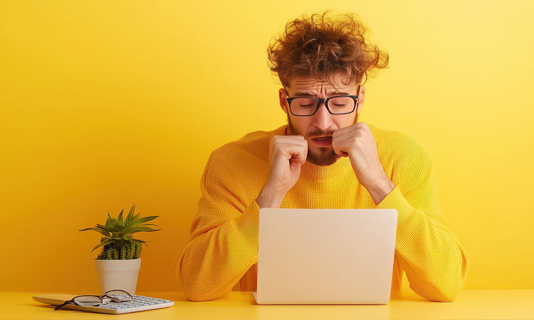 A man sitting at a desk appears to be stressed as he looks at his laptop.