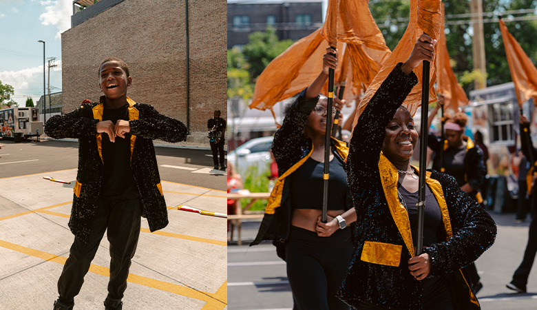 A split photo: At left, a middle school-aged young man strikes a celebratory pose; at right, parade participants carry orange flags during a community celebration in Bronzeville.