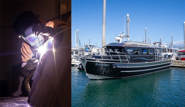 Two-panel image. Left: A person welding. Right: A finished aluminum boat on the water